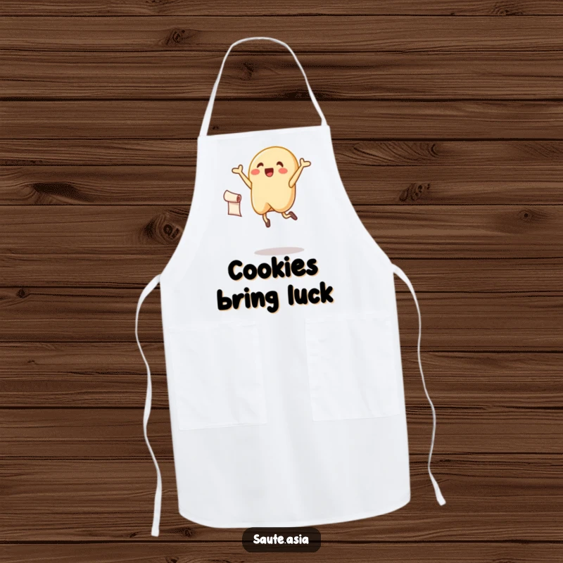 Funny fortune cookie apron, joyfully leaping with a scroll, a humorous and lucky kitchen accessory.