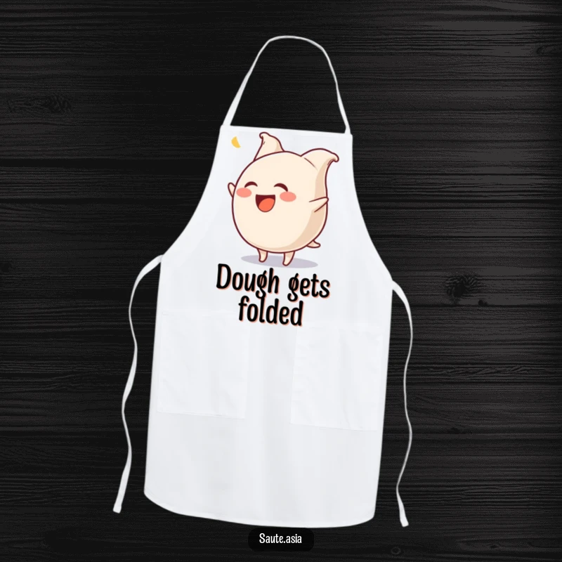 Funny Gyoza Apron: A laughing dumpling character hilariously flips with wiggling pleats, adding fun to cooking and kitchen tasks.