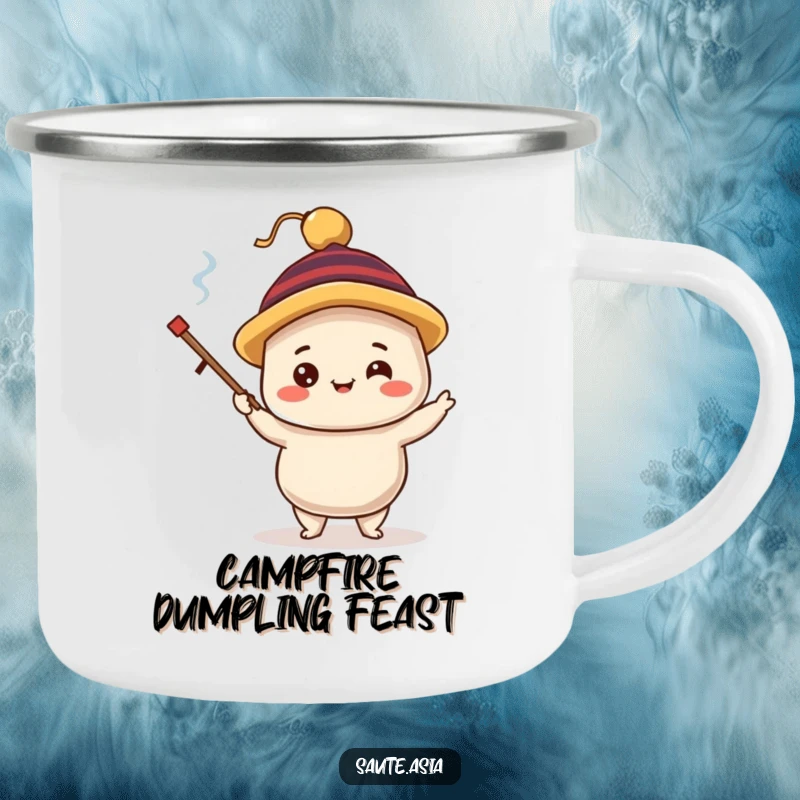 Funny dim sum dumpling camping mug, showing a delighted character in a silly hat, juggling tiny chopsticks, perfect for outdoor drinks.