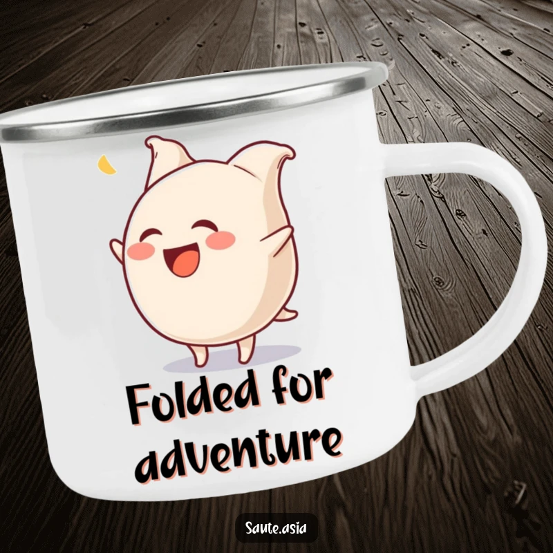 Funny Gyoza Camping Mug: A laughing dumpling character hilariously flips with wiggling pleats, perfect for outdoor beverages and cheer.