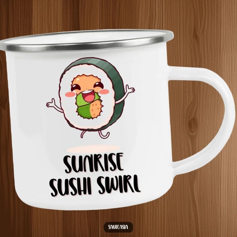 Funny Camping Mug: A jovial sushi roll character dances happily, perfect for enjoying beverages during outdoor adventures.