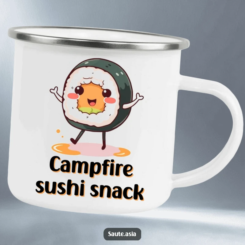 Funny sushi roll camping mug, showing a cheerful character happy dancing on soy sauce puddle legs, perfect for outdoor drinks.
