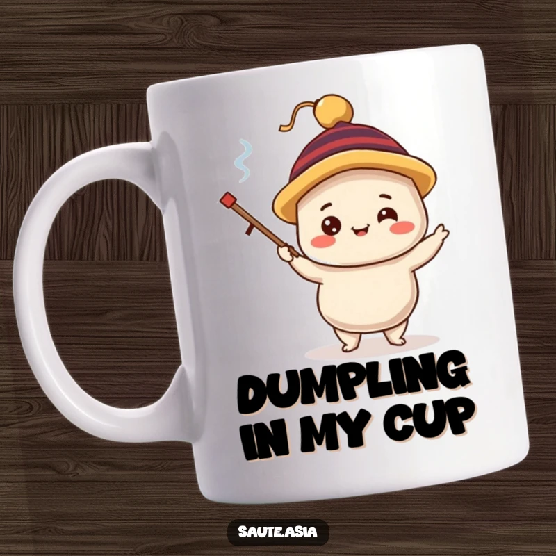 Funny dim sum dumpling mug featuring a delighted character in a silly hat, juggling tiny chopsticks, bringing whimsical foodie humor.
