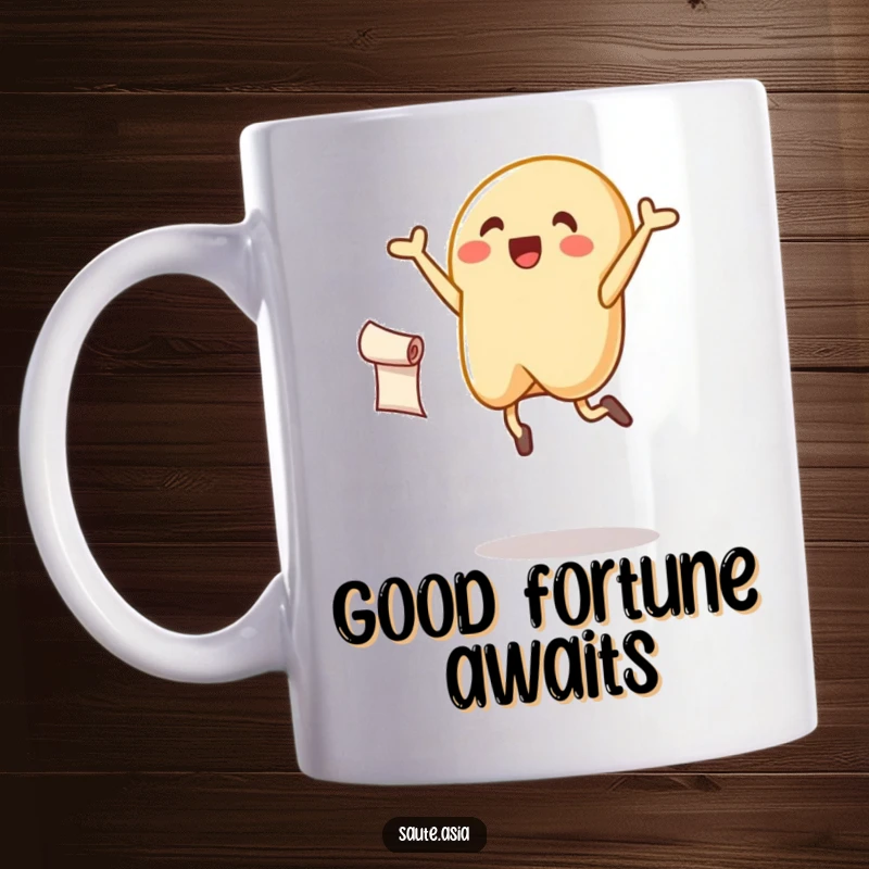 Funny fortune cookie mug, joyfully leaping in the air, holding a small scroll, celebrating good fortune.