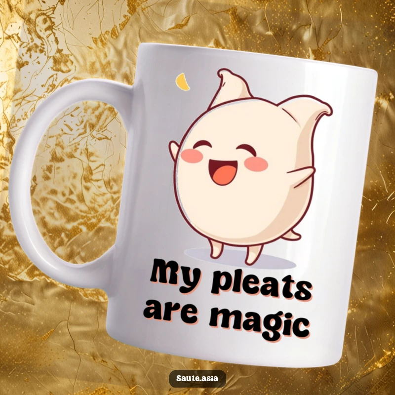 Funny Gyoza Mug: A comical dumpling character hilariously flips with wiggling pleats, radiating pure joy and laughter.