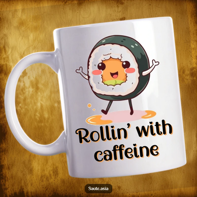 Funny sushi roll mug featuring a cheerful character doing a happy dance on tiny soy sauce puddle legs, bringing joy and humor.