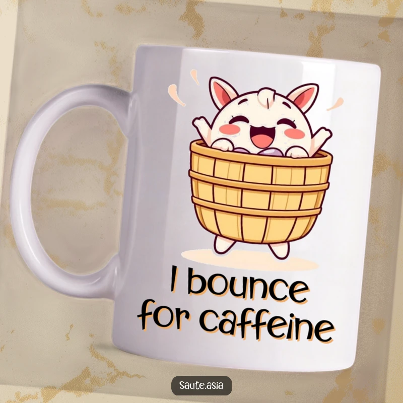 Funny Dim Sum Basket Mug: A cheerful character bobs excitedly, radiating happiness and bringing joy to your coffee or tea moments.