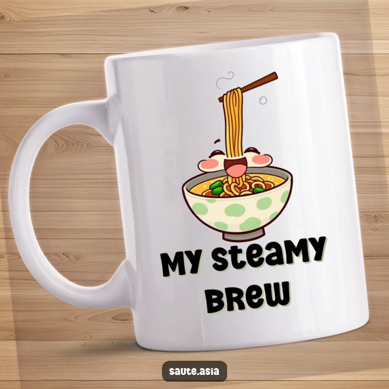 Funny Mug: A delighted ramen bowl character joyfully slurps noodles with gusto, steam rising happily.