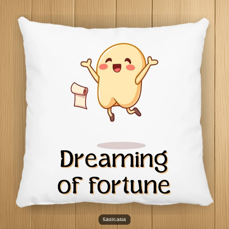 Funny fortune cookie pillow, depicted leaping with a scroll, offering comfort and a touch of good luck.