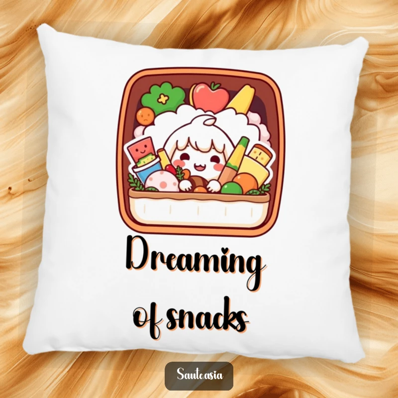 Funny Bento Box Pillow: A playful character peeks from a bento box of smiling foods, offering cozy comfort and cheerful appeal.