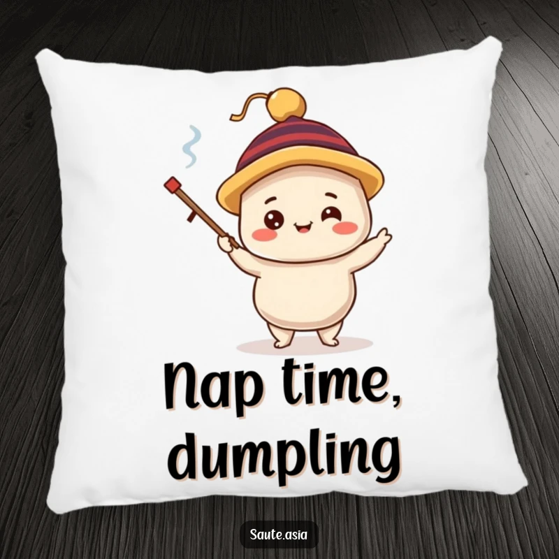 Funny dim sum dumpling pillow featuring a delighted character in a silly hat, juggling tiny chopsticks, adding cute foodie comfort and whimsy.