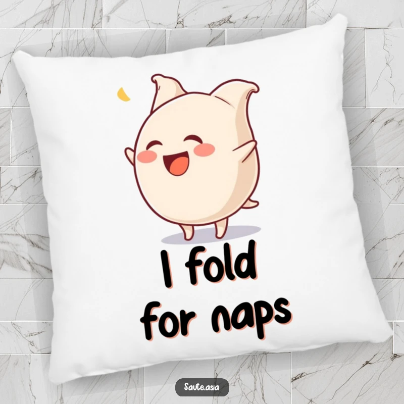 Funny Gyoza Pillow: A laughing dumpling character performs a hilarious flip with wiggling pleats, offering comfort and comedic appeal.