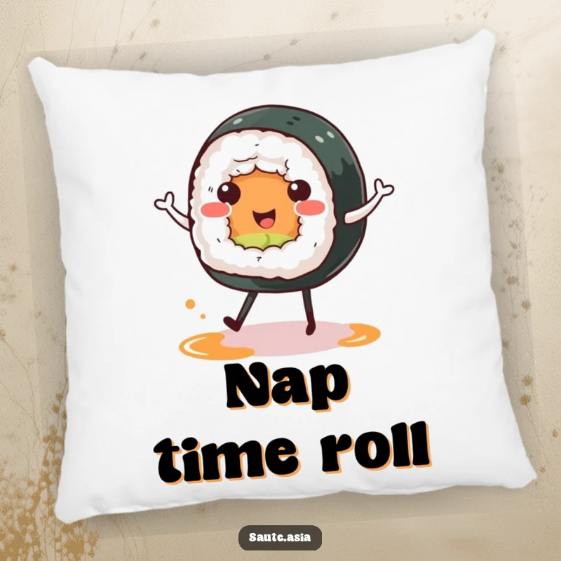 Funny sushi roll pillow featuring a cheerful character happy dancing on soy sauce puddle legs, adding cute foodie comfort and humor.