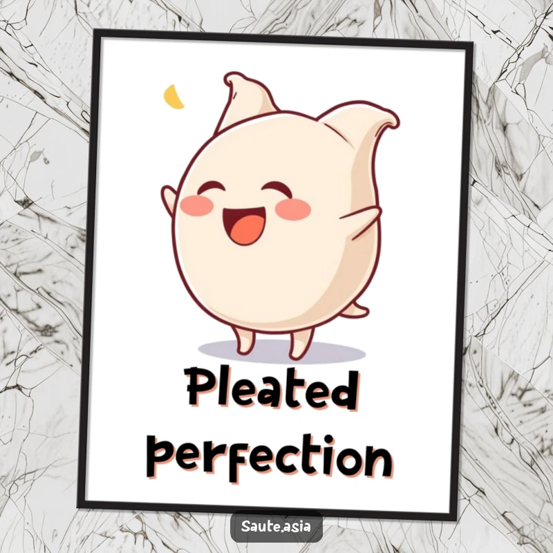 Funny Gyoza Digital Art Print: A laughing dumpling character hilariously flips with wiggling pleats, offering instant humor and visual delight.