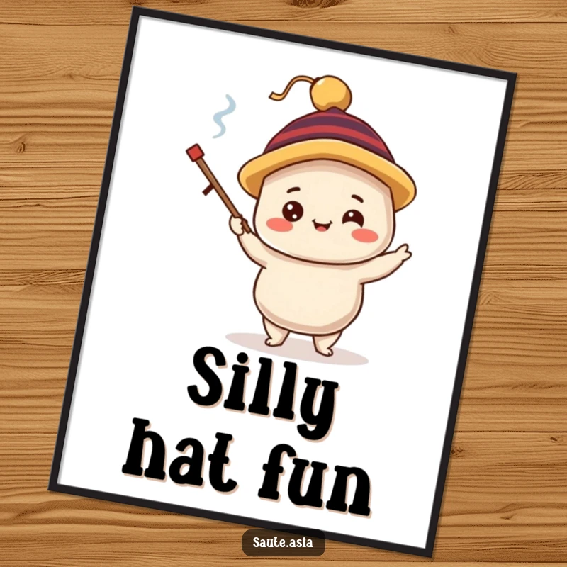 Funny dim sum dumpling digital art print, showing a delighted character in a silly hat, juggling tiny chopsticks, perfect for instant foodie decor.