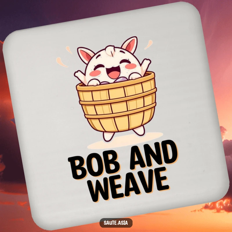 Funny Dim Sum Basket Coaster: A cheerful character joyfully bobs, protecting surfaces with a dose of happy excitement.