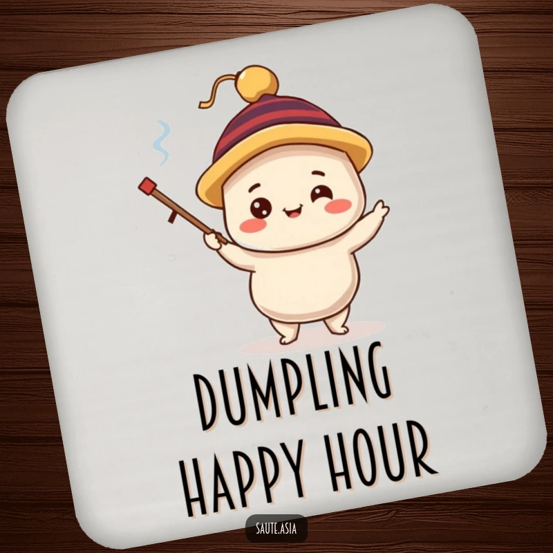 Funny dim sum dumpling coasters, featuring a delighted character in a silly hat, juggling tiny chopsticks, protecting surfaces with foodie fun.