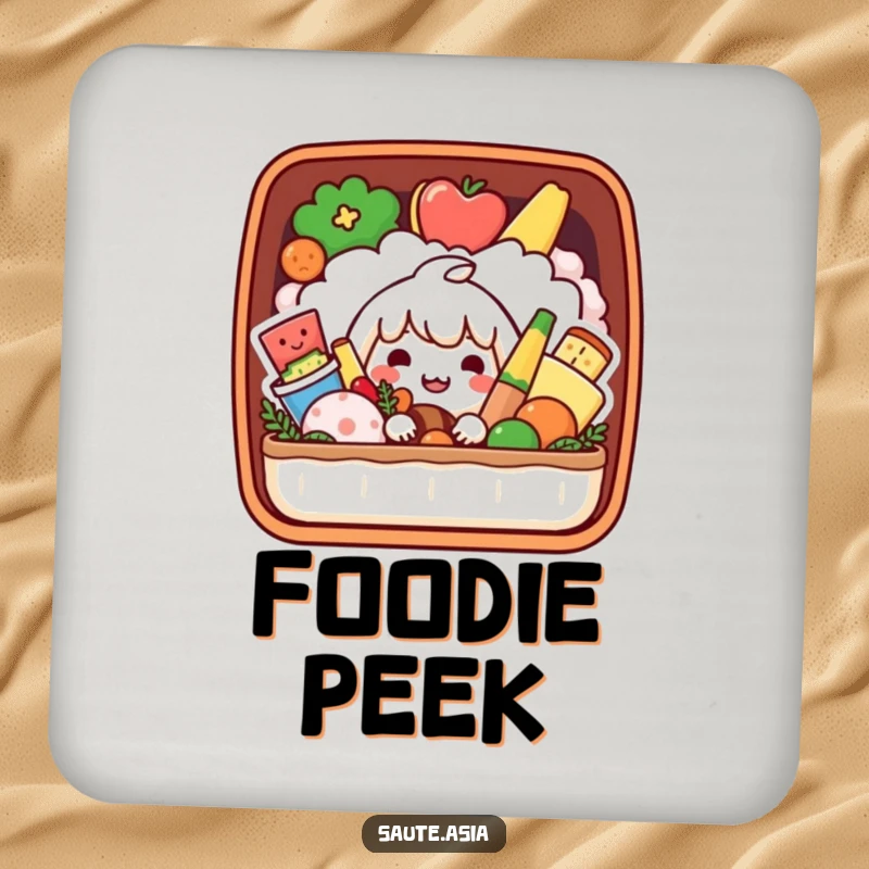 Funny Bento Box Coaster: A playful character peeks from a bento box of smiling foods, protecting surfaces with organized charm.