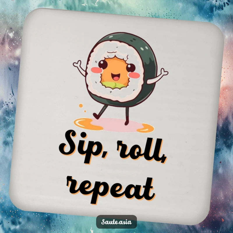 Funny sushi roll coasters, featuring a cheerful character happy dancing on soy sauce puddle legs, protecting surfaces with foodie fun.