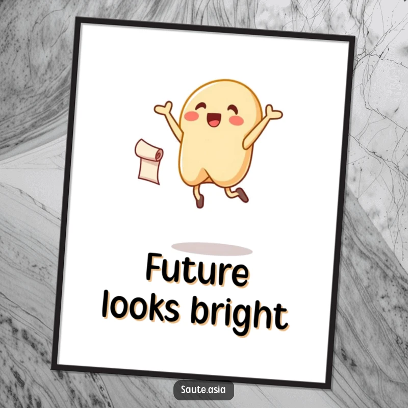 Funny fortune cookie poster, joyfully leaping high while holding a scroll, a vibrant piece of happy art.