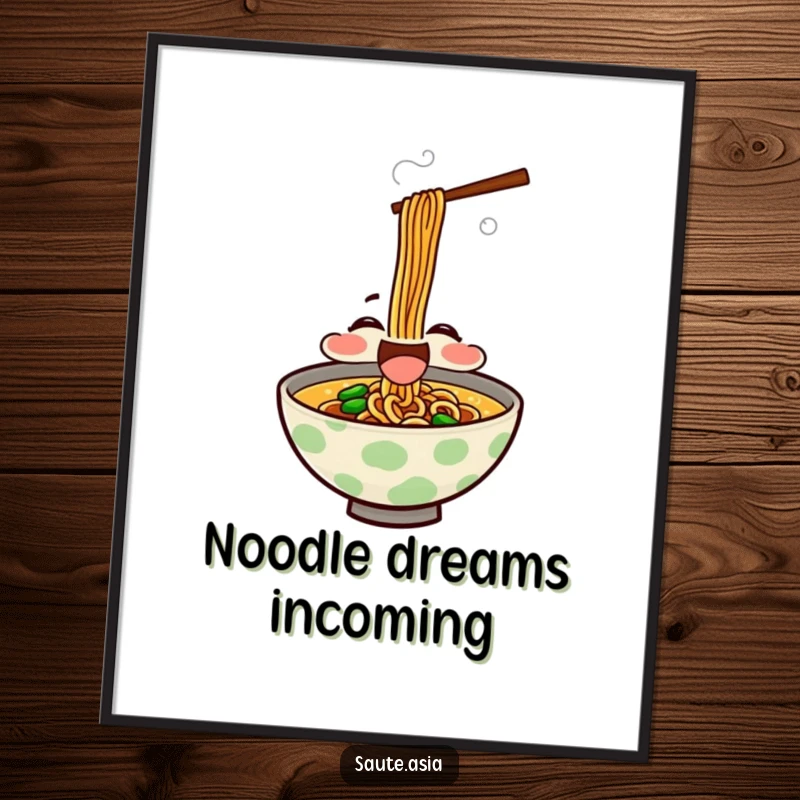Funny Poster: A delighted ramen bowl character slurping noodles with gusto, steam rising joyfully, perfect for kitchen decor.