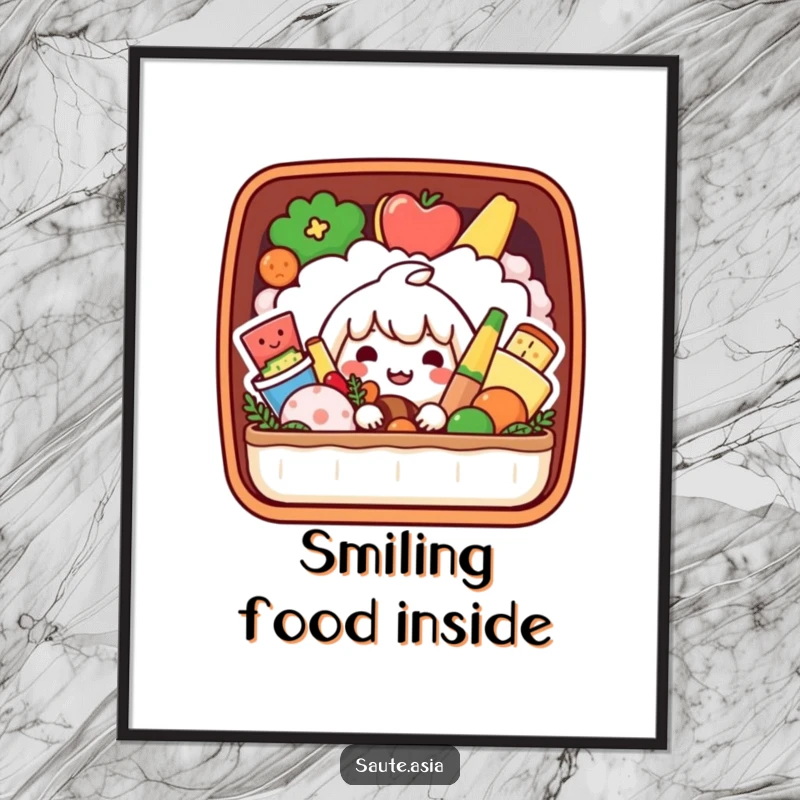 Funny Bento Box Poster: A playful character peeks from a bento box of smiling foods, bringing cheerful and organized vibes to decor.