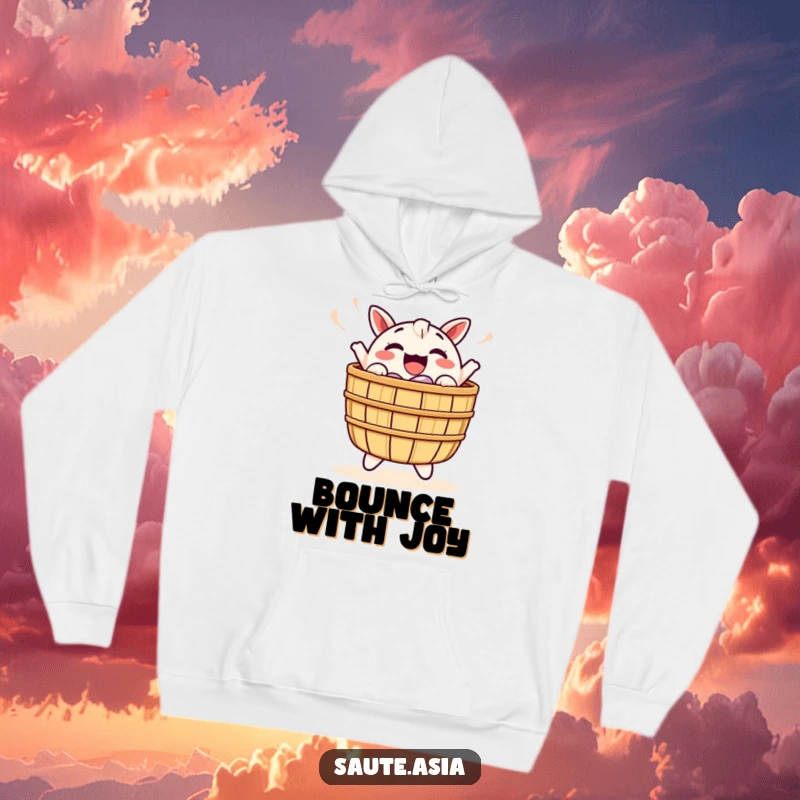 Funny Dim Sum Basket Hoodie: A cheerful character bobs excitedly, offering cozy comfort and a dose of infectious happiness.