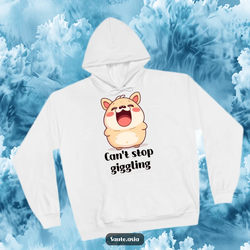 Funny bao bun hoodie, captured mid-laugh with a surprised expression and wide-open mouth, a humorous wearable.