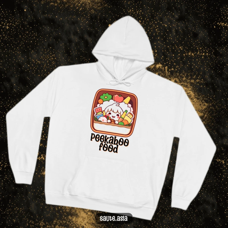 Funny Bento Box Hoodie: A playful character peeks from a bento box of smiling foods, offering cozy comfort and cheerful style.