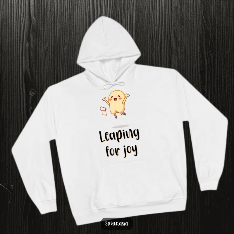 Funny fortune cookie hoodie, captured mid-leap with a scroll, embodying happiness and good omens.