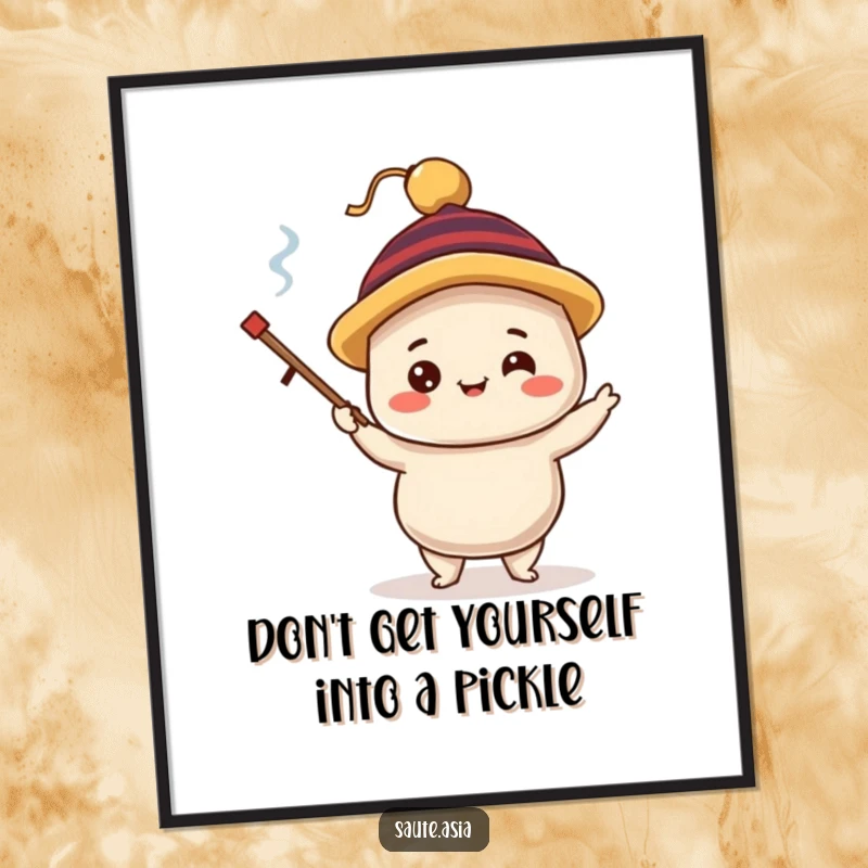 Funny Free Printable Wall Art of a delighted dim sum dumpling character wearing a silly hat, juggling tiny chopsticks with a cheerful expression.