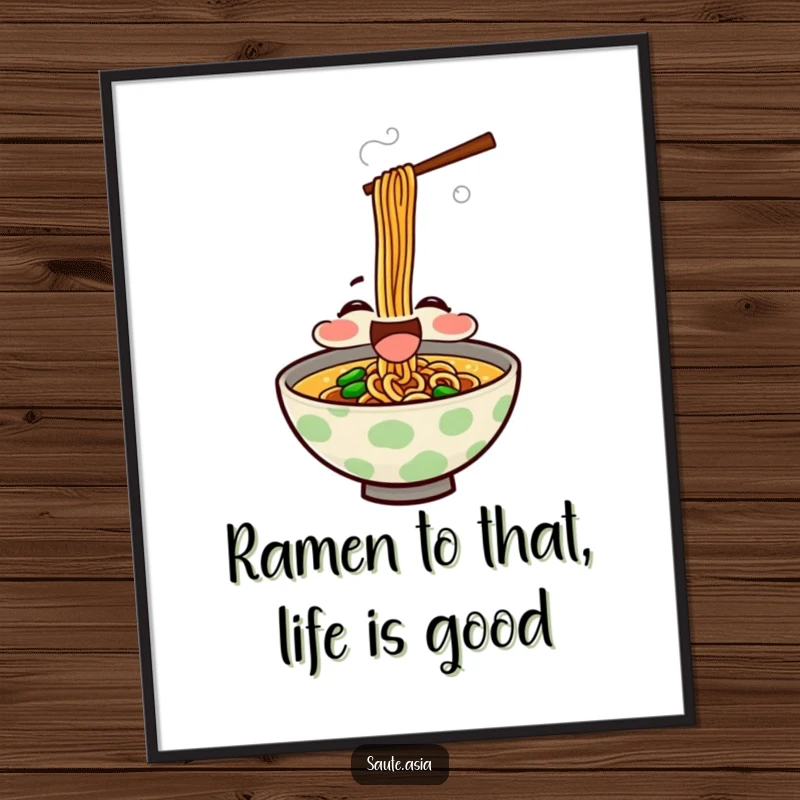 Funny Free Printable Wall Art of a delighted ramen bowl character happily slurping hot noodles, perfect for cozy wall decor.