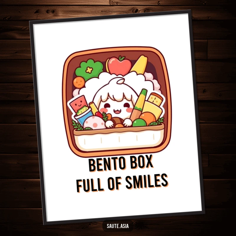 Funny Free Printable Bento Box Wall Art: A playful box peeking out reveals smiling food items.