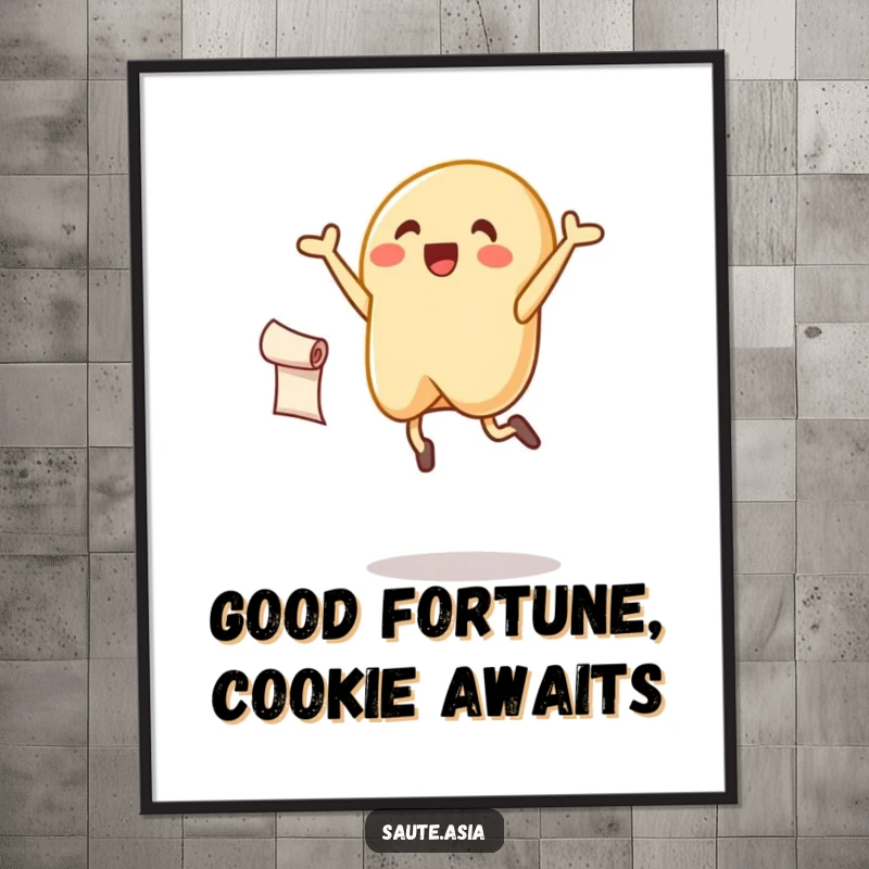 Funny Free Printable Wall Art: A dynamic fortune cookie character leaping joyfully, holding a scroll symbolizing good fortune.