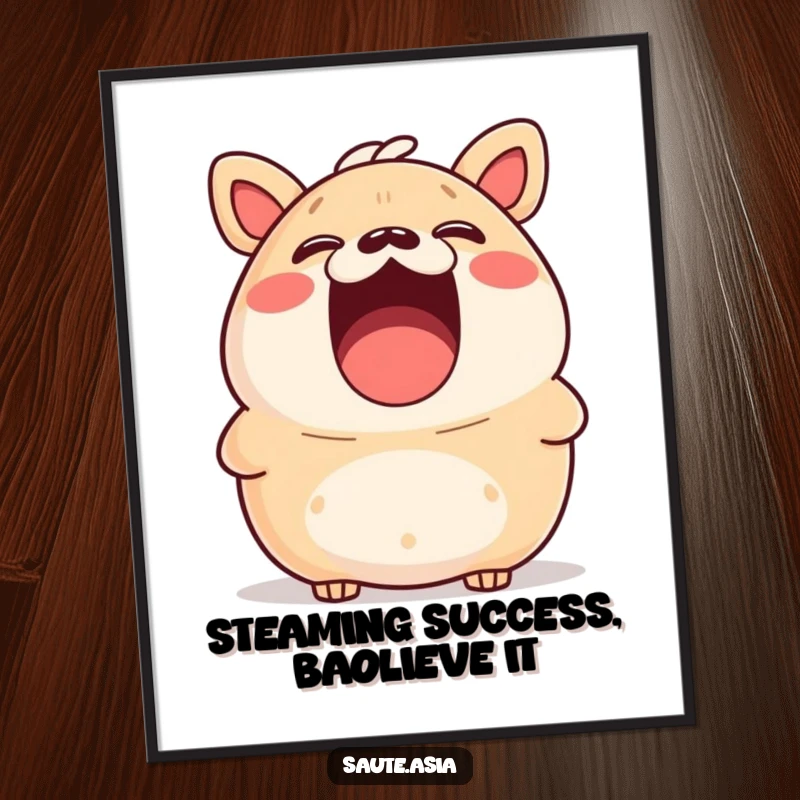 Funny Free Printable Wall Art: A surprised bao bun mid-laugh, its mouth wide open, bringing comedic relief to any space.