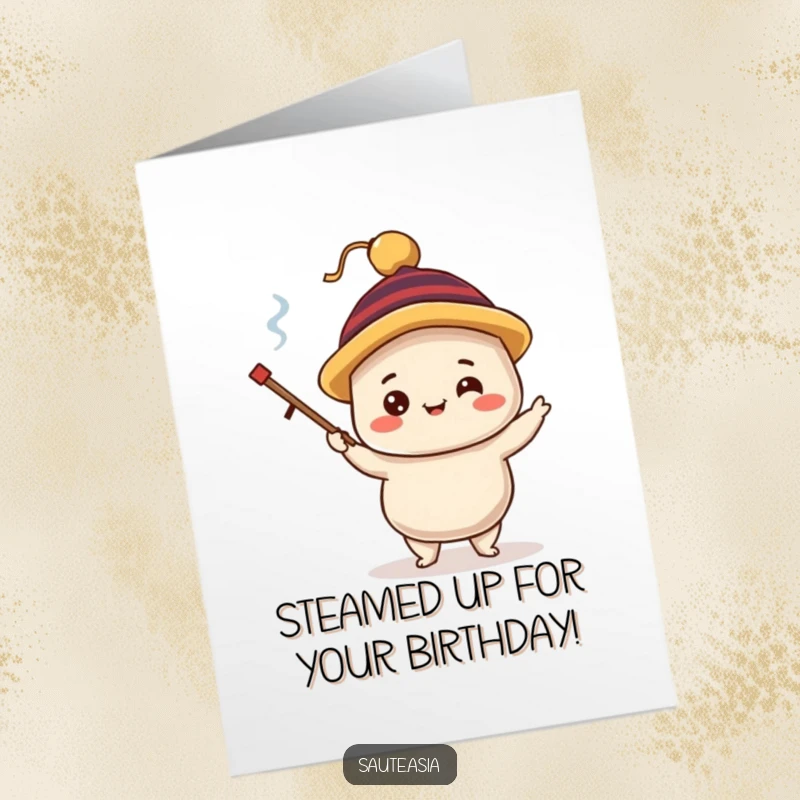 Funny Free Printable Birthday Card featuring a delighted dim sum dumpling character wearing a silly hat, skillfully juggling tiny chopsticks.