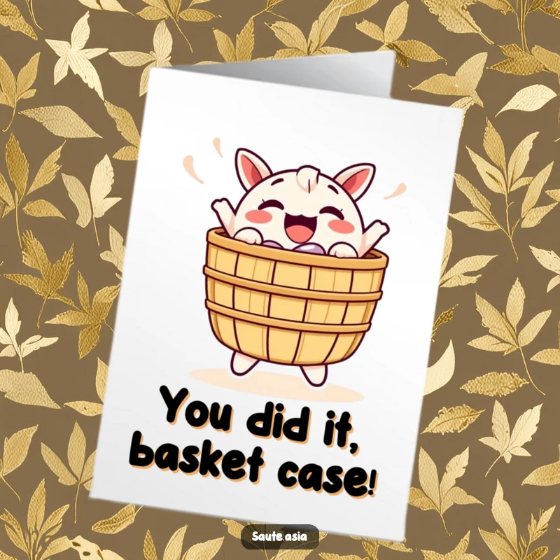 Funny Free Printable Dim Sum Congratulations Card: A happy basket character bouncing with excitement.
