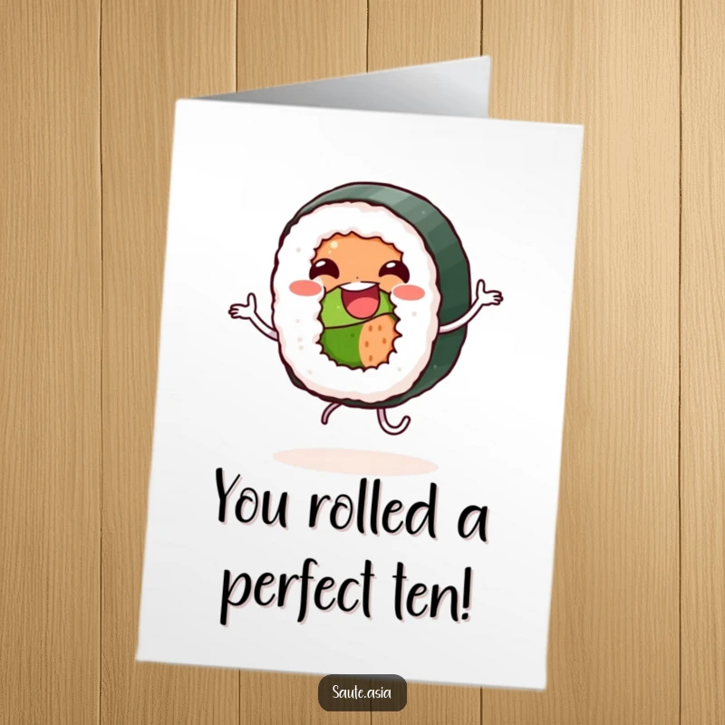 Funny Free Printable Congratulations Card featuring a happy sushi roll character dancing, perfect for celebrating any achievement.