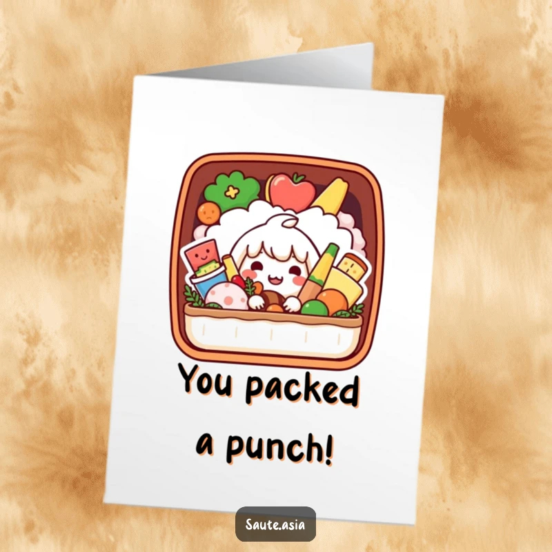 Funny Free Printable Bento Box Congratulations Card: A playful box peeking with smiling food for congrats.