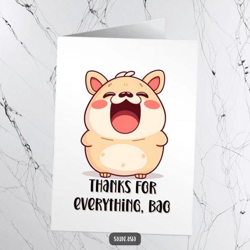 Funny Free Printable Thank You Card: A joyful bao bun bursting into laughter, conveying heartfelt thanks with humor.