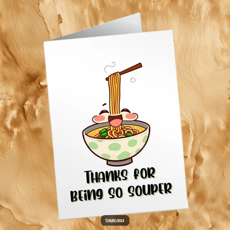 Funny Free Printable Thank You Card featuring a ramen bowl character slurping happily, perfect for a warm thank you.