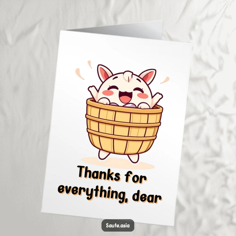 Funny Free Printable Dim Sum Thank You Card: A cheerful basket character bobbing happily to say thanks.