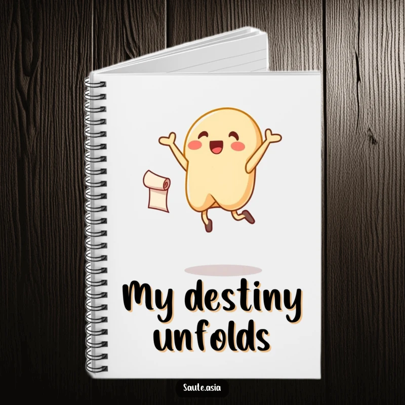 Funny fortune cookie notebook, joyfully leaping with a scroll, ideal for writing down happy thoughts.