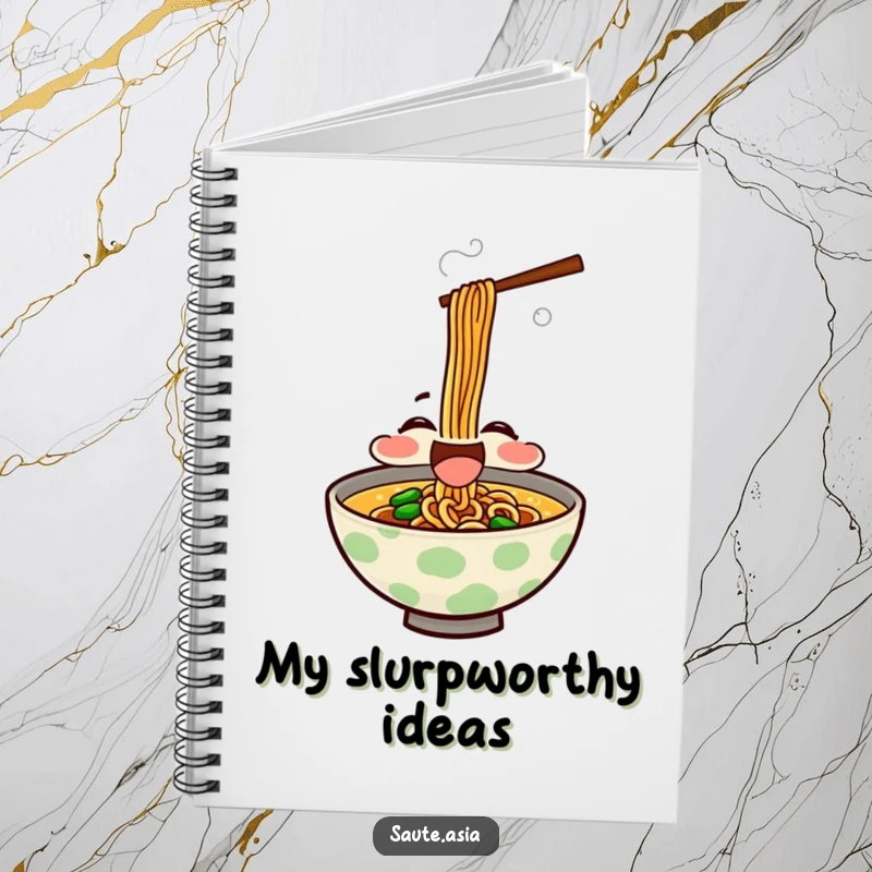 Funny Notebook: Features a delighted ramen bowl character slurping noodles, ideal for jotting down tasty ideas and notes.