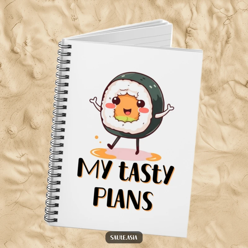 Funny sushi roll notebook, featuring a cheerful character happy dancing on soy sauce puddle legs, ideal for jotting down foodie ideas.