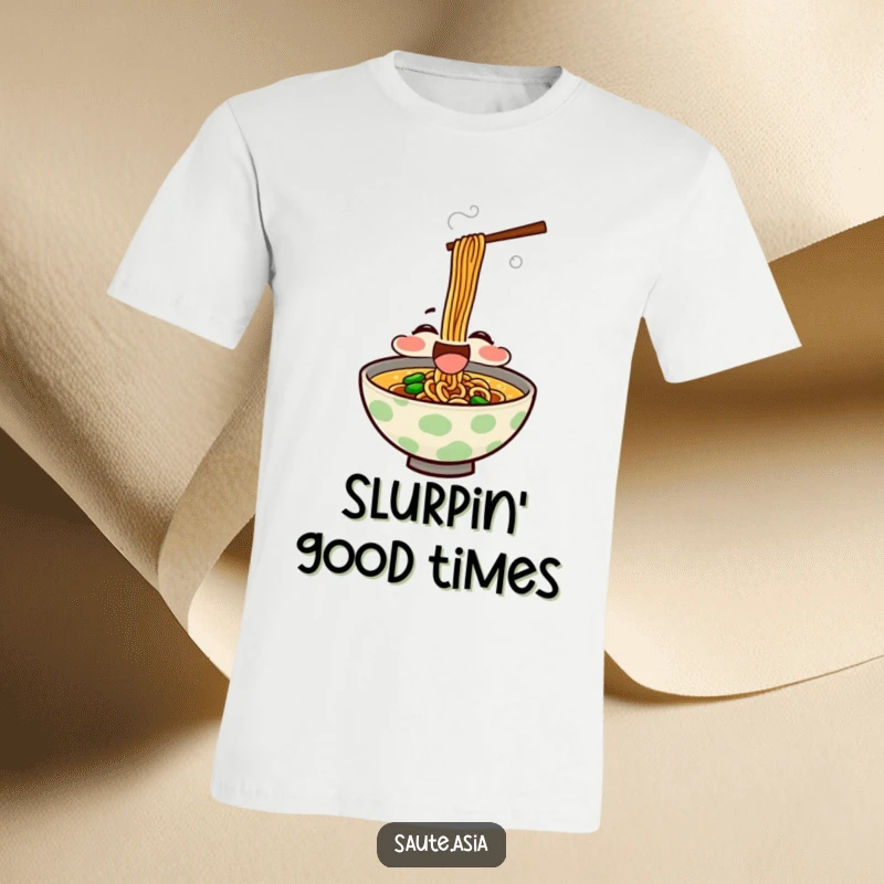 Funny T-Shirt: A delighted ramen bowl character enthusiastically slurps noodles, with steam rising joyfully.