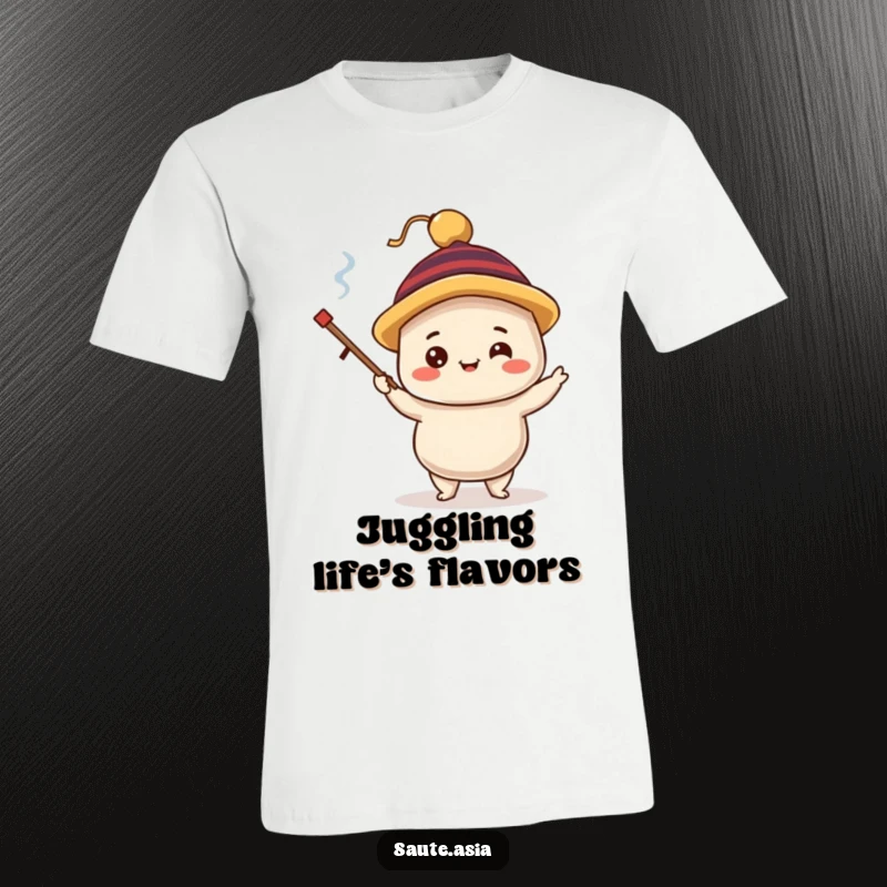 Funny dim sum dumpling t-shirt, showing a delighted character in a silly hat, juggling tiny chopsticks, perfect for cute foodie wear.