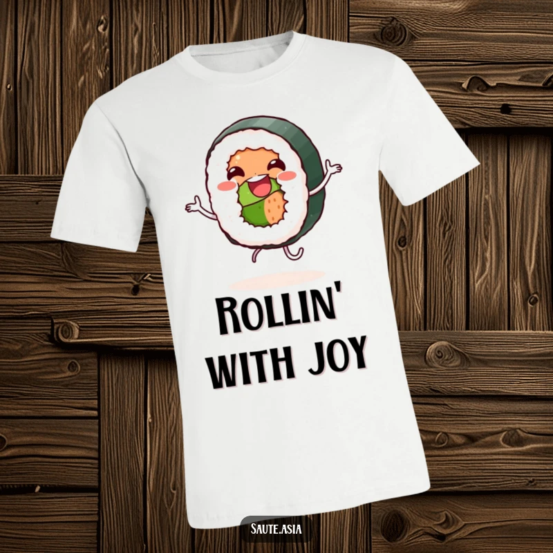 Funny T-Shirt: A cheerful sushi roll character with tiny rice legs enthusiastically performs a happy dance.