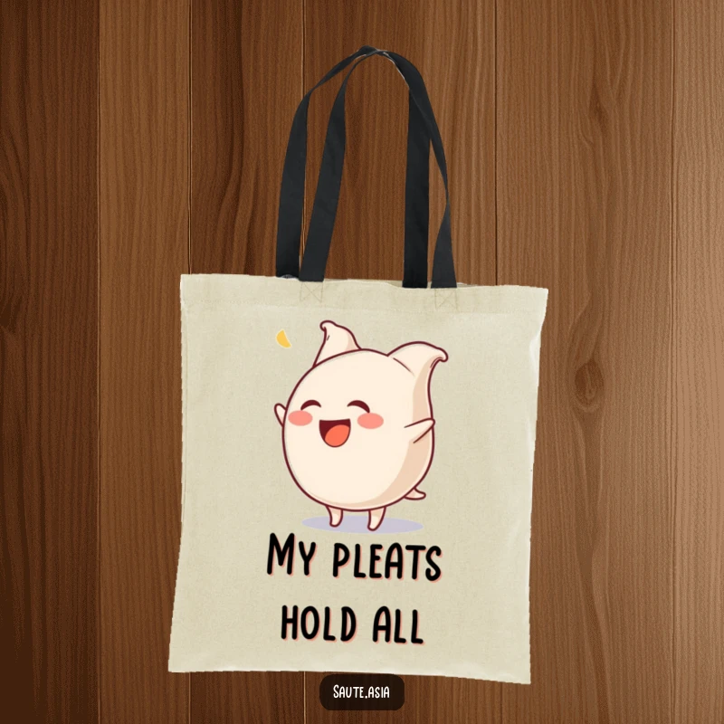 Funny Gyoza Tote Bag: A laughing dumpling character performs a comical flip, pleats wiggling, ideal for stylishly carrying goods.