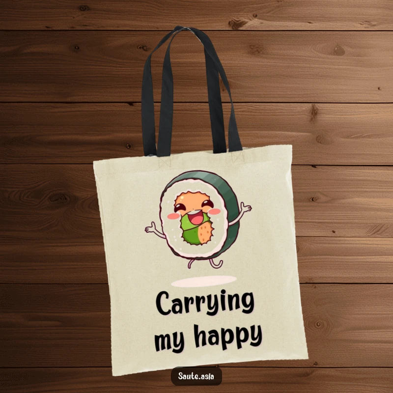Funny Tote Bag: A jovial sushi roll character joyfully dances, making it a fun and practical accessory for carrying goods.